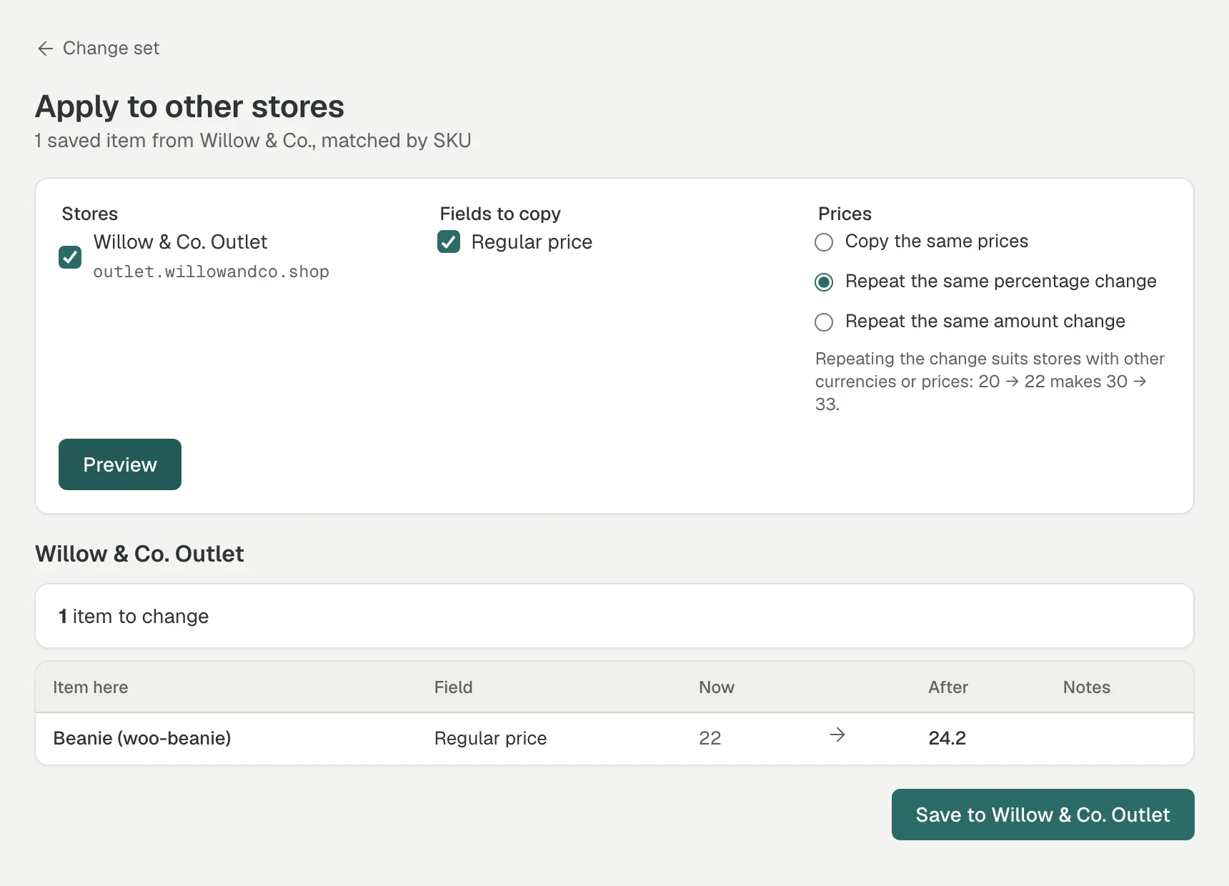 Applying a saved price change to a second store, with the same percentage change repeated
