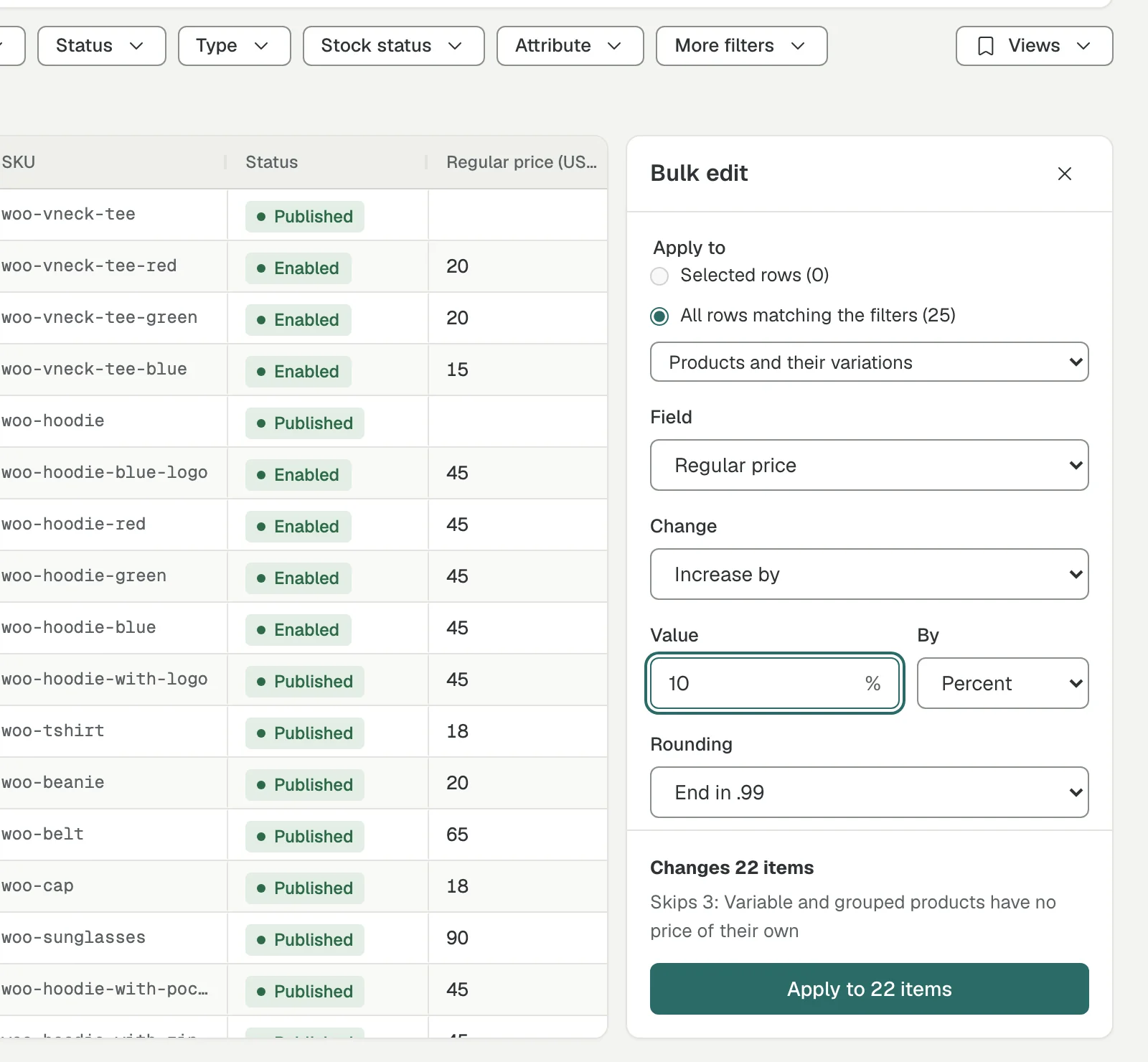 The bulk edit panel raising regular prices by 10 percent, rounded to .99, for 22 items