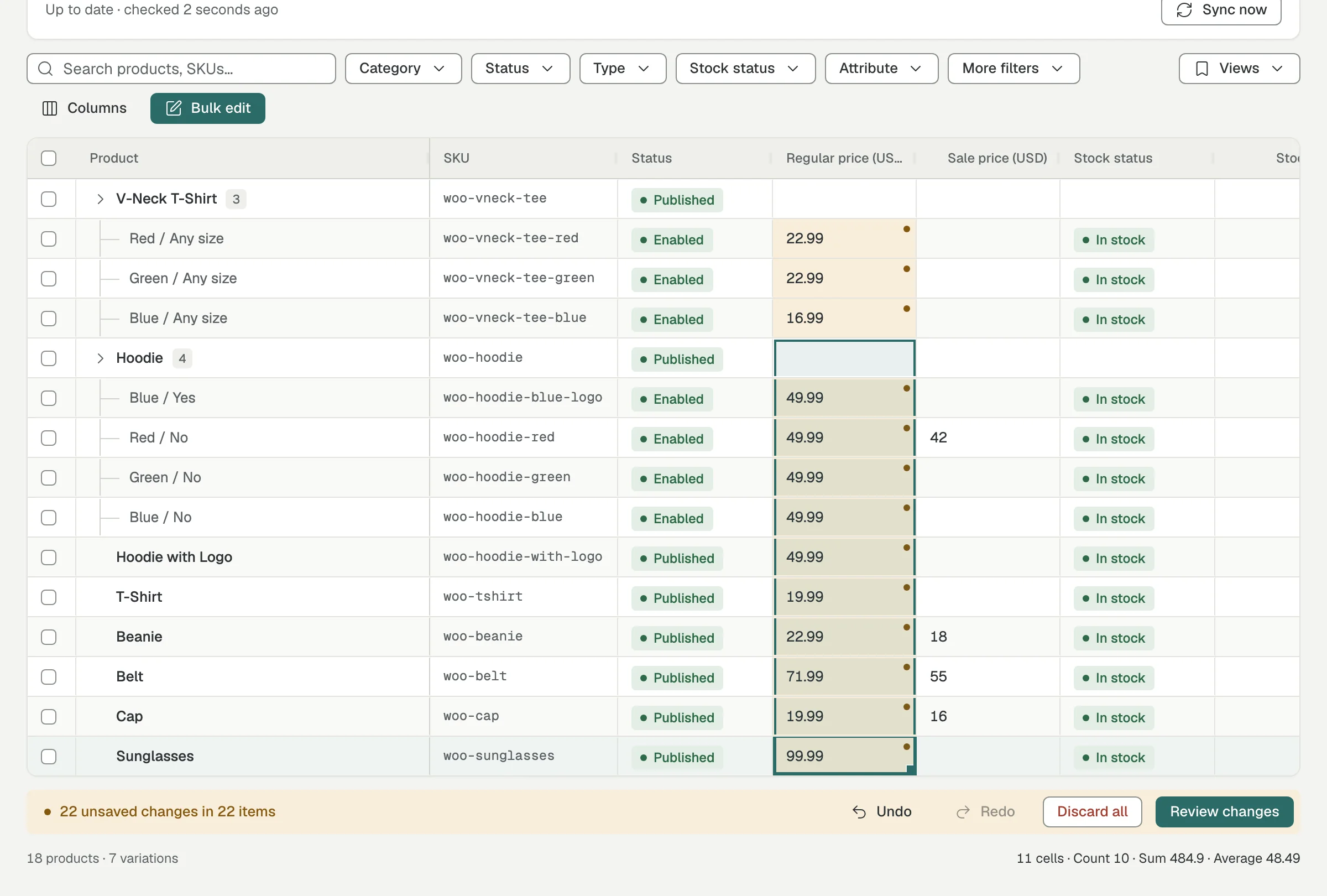 Storeloom's product grid with variations under their products, edited prices highlighted, and the selection's sum in the footer
