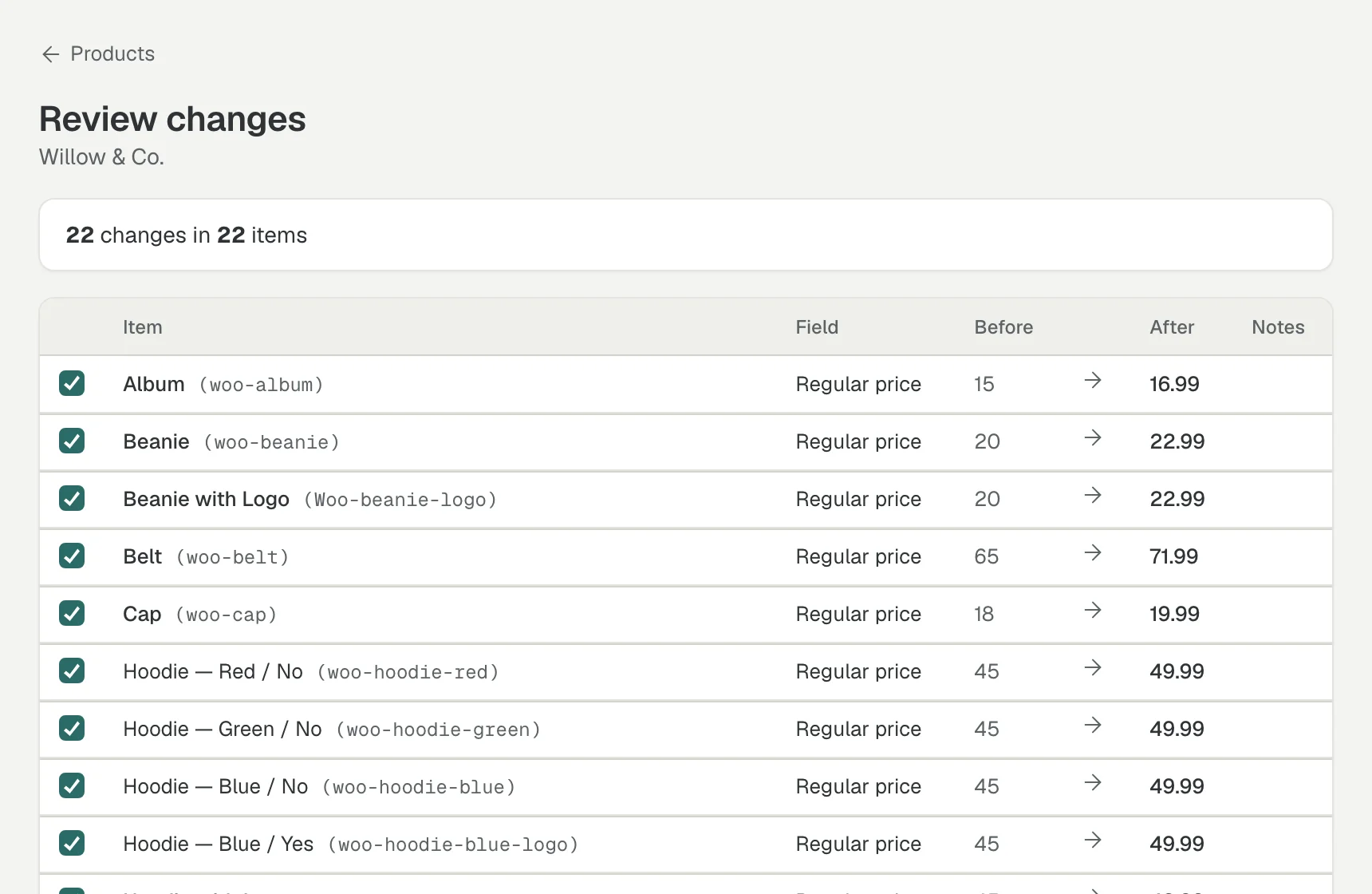 The review screen listing 22 price changes with before and after values