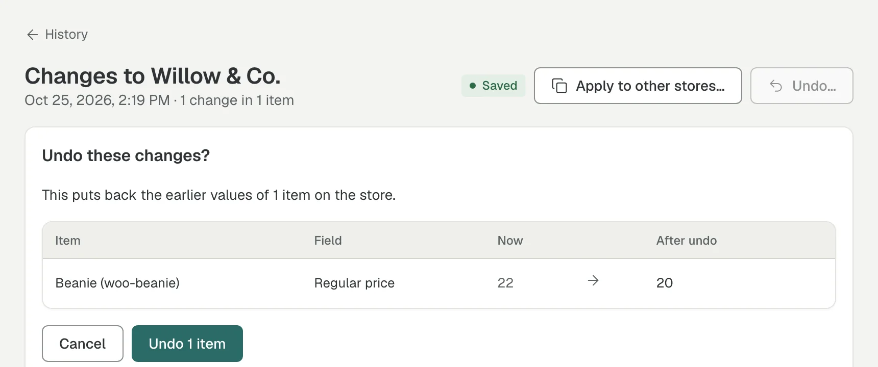 Undoing a saved change: a preview shows the price going back from 22 to 20